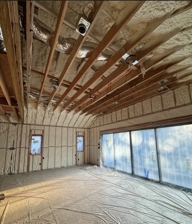 Interior walls and ceiling insulated with spray foam during new construction in Rancho Mirage